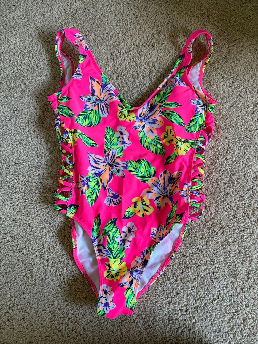 No Boundaries Woman’s  Pink Tropical Floral One-Piece Swimsuit Size medium